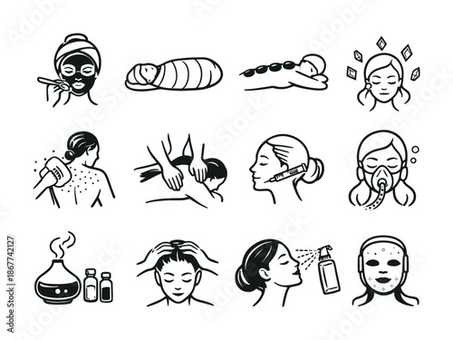 Set of line icons showing skincare and spa routines including facial cleansing, face mask, sleeping, massage, serum bottles, steamer, and self-care
