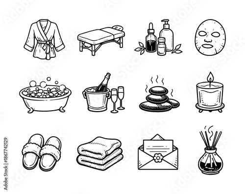Hand-drawn spa and wellness icon set featuring bathrobe, massage table, skincare bottles, face mask, tub, champagne, stones, candle, slippers, towels