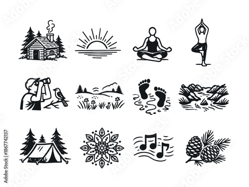 Black and white outdoor adventure icons featuring cabin, sunrise, meditation, yoga pose, birdwatching, campsite, music notes, and pinecones