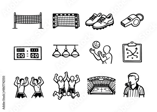 Set of sports line icons including volleyball net, goal, soccer shoes, whistle, scoreboard, lights, player, tactics clipboard, cheering fans and stadium