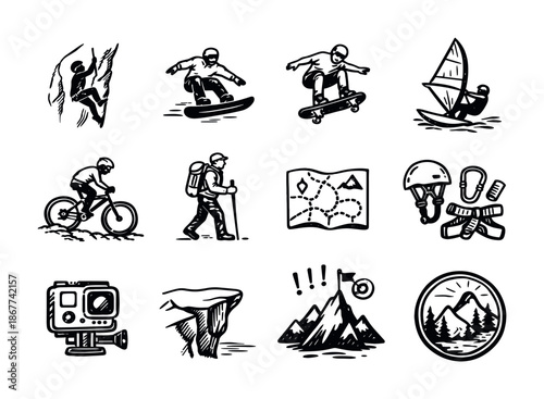 Hand-drawn outdoor adventure icons set featuring climbing, snowboarding, skateboarding, windsurfing, cycling, hiking, navigation, and camera