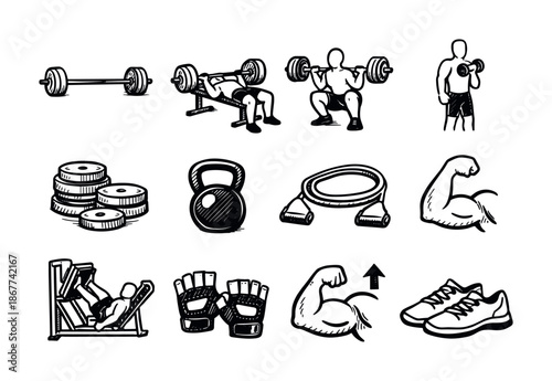 Black and white set of gym and fitness icons showing barbells, bench press, squat, weight plates, kettlebell, biceps, gloves, shoes