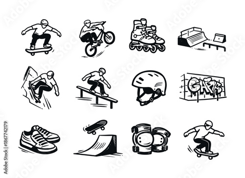 Black and white sketch icons of extreme sports gear and tricks including skateboarding, BMX, inline skating, helmet, ramps, shoes, graffiti