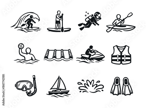 Set of black outline water sports icons showing surfing, paddleboarding, scuba diving, kayaking, swimming, sailing, snorkeling and safety gear