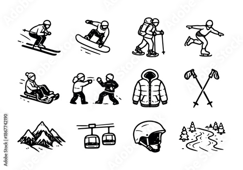 Minimal black line icons of winter sports and gear including skiing, snowboarding, sledding, skating, mountains, lift, helmet, poles, jacket