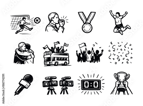 Hand-drawn sports celebration icons set featuring soccer goal, referee whistle, medal, cheering fans, confetti, microphones, cameras and trophy award