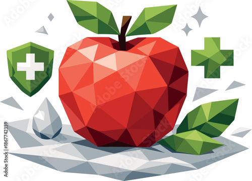 Geometric Wellness Apple. Low-poly vector illustration of an apple symbolizing wellness, immunity, and healthy habits, polygonal