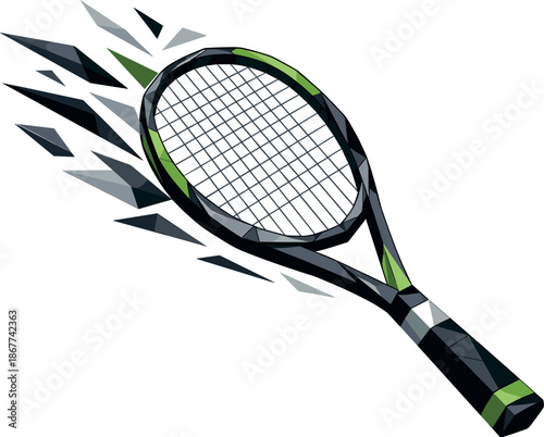 Dynamic Tennis Racket. Low-poly vector illustration of a tennis racket symbolizing sport, precision, and competitive performance,