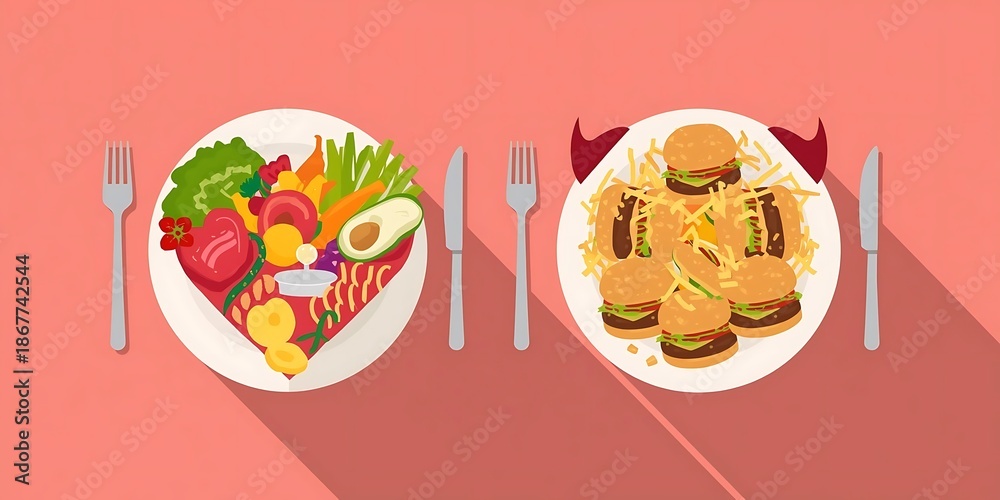 Fototapeta premium Balanced diet vs fast food temptation illustration comparing colorful healthy meal with junk food plate showing contrast in nutrition and lifestyle choices , world food day concept