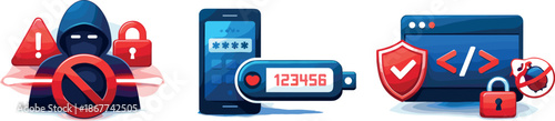 Cybersecurity Icons. Three symbolic icons showing a hacker silhouette blocked by alert system, multi-factor authentication keys,