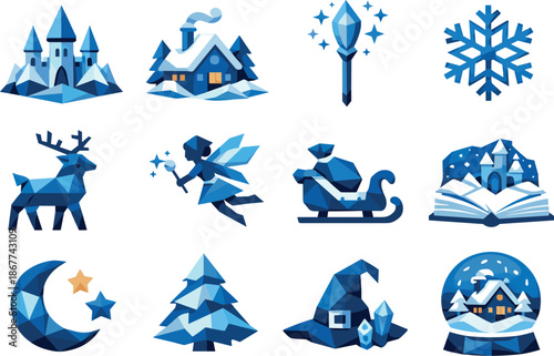 Winter Fairy Tale Icons. Geometric low-poly vector icons depicting a winter fairy tale world with snow, magic elements, and