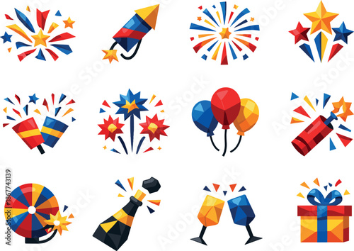 Festive Fireworks Icons. Professional low-poly vector icon collection representing festive fireworks and celebration moments using