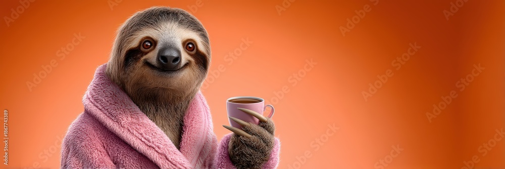 Fototapeta premium Cute Sloth in Pink Bathrobe Enjoying a Morning Coffee