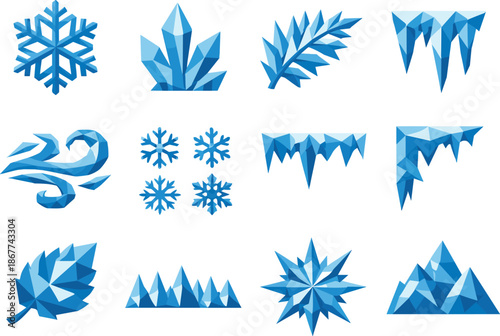 Low-Poly Frost Icons. Professional low-poly vector icon collection representing frost patterns and frozen decorative elements