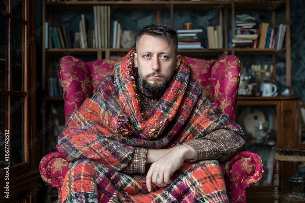 Fototapeta premium Man sitting on armchair wrapped in plaid blanket in cozy winter cabin
