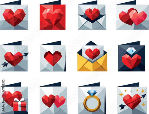 Geometric Heart Icons. Geometric low-poly vector icons depicting heart-themed greeting cards built from angular polygonal facets