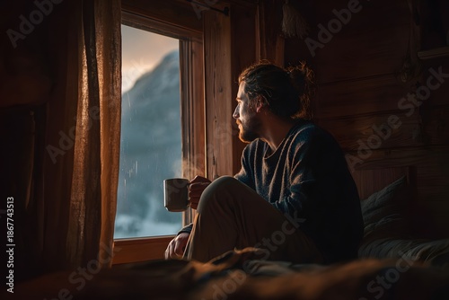 Man gazing outside from chalet window during peaceful winter day