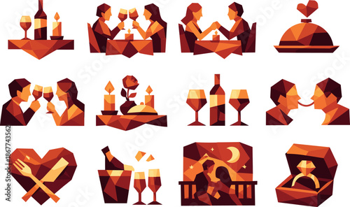 Romantic Dinner Icons. Low-poly vector icon set of romantic dinner scenes illustrated in sharp geometric polygonal style with