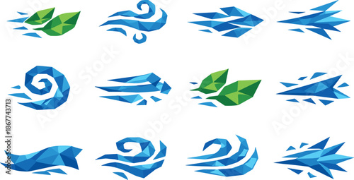 Spring Winds Icons. Geometric low-poly vector icons depicting spring wind through leaves, gusts, ribbons, and motion cues built