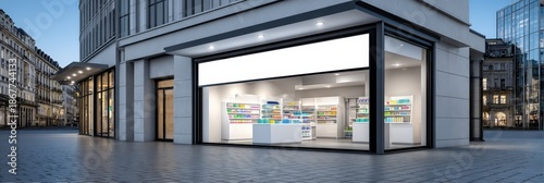Modern Storefront Mockup with Blank Signage in Urban City Setting
