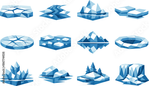 Frozen River Icons. Frozen river surface and winter still water illustrated as a cohesive low-poly vector icon set built from