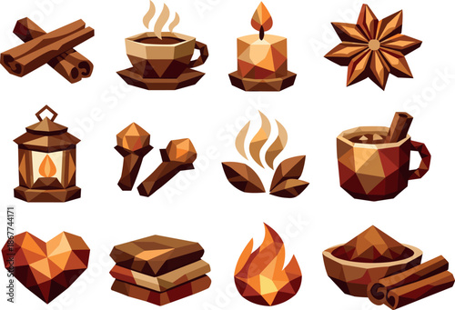 Cinnamon Aroma Icons. Low-poly polygonal vector icon set focused on cinnamon aroma, spicy warmth, cozy fragrance, and sensory