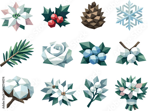 Winter Floral Icon Set. Winter floral bouquet concept illustrated as a cohesive low-poly vector icon set built from angular