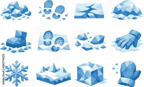 Snow Crunch Icon Set. Low-poly polygonal vector icon set focused on snow crunch, icy footsteps, crisp winter surfaces, and tactile