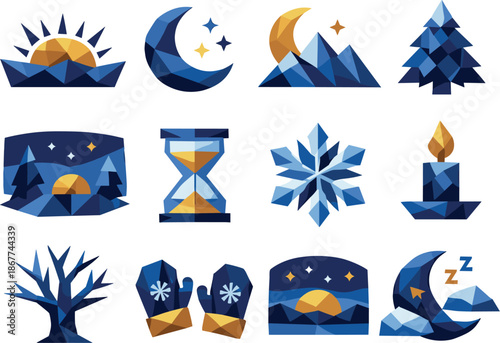 Winter Solstice Icons. Low-poly vector icon set for winter solstice and shortest day symbolism, featuring angular polygonal