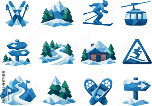 Low-Poly Winter Icons. Winter forest skiing route and snow-covered trail represented through a professional low-poly vector icon