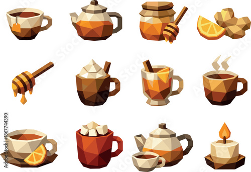 Tea Icons Collection. Low-poly polygonal vector icon set focused on tea with honey, warm beverages, cozy winter drinks, and