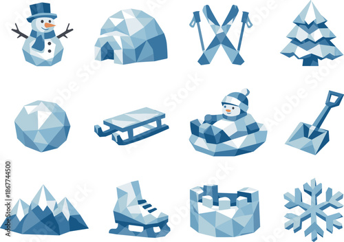 Low-Poly Winter Icons. Playful snowman and winter fun represented through a professional low-poly vector icon set using crisp