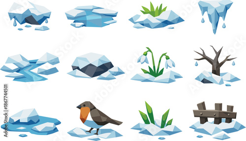 Low-Poly Spring Icons. Low-poly vector icon set for melting snowdrifts and early spring thaw, featuring angular polygonal geometry