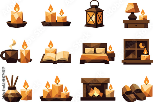 Cozy Candle Icon Set. Low-poly vector icon set for candle in bedroom and cozy interior ambiance, featuring angular polygonal