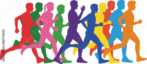 Colorful running people silhouettes, group jogging together, active lifestyle fitness motion illustration vector design