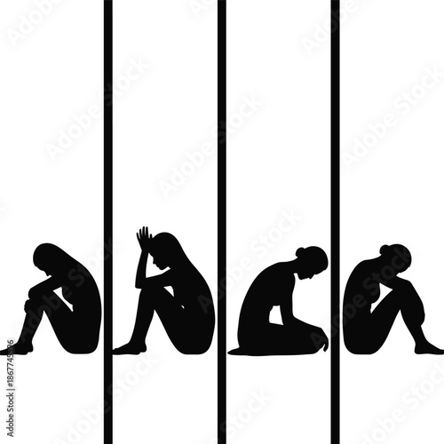 Depressed woman silhouettes, emotional stages of isolation anxiety sadness, mental health concept illustration vector set