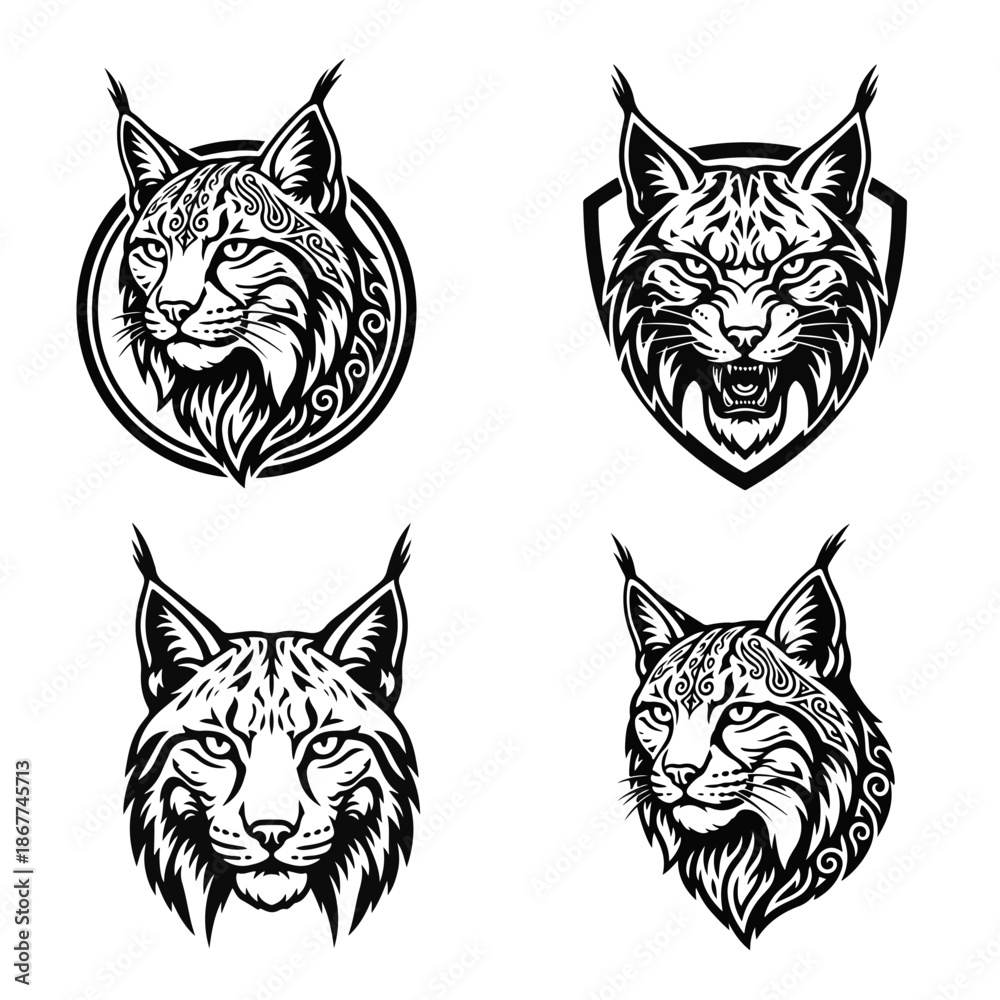 Fototapeta premium Set of lynx heads, wild lynx silhouettes with tribal patterns, isolated on white background. Lynx logo, wild cat, tribal animal pattern, predator head, wildcat