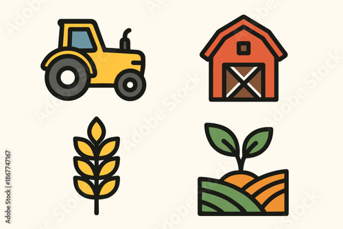 Farm life icons: tractor, barn, wheat, and growing plant illustrations