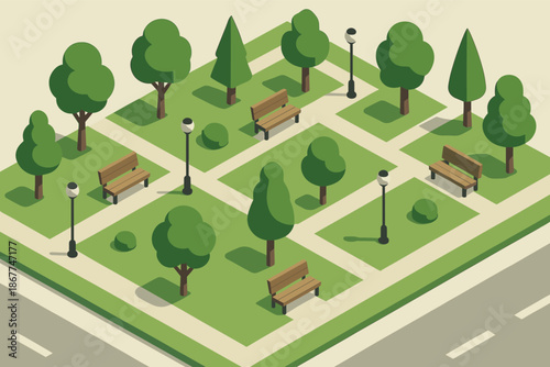 Isometric city park with benches and trees in urban green space