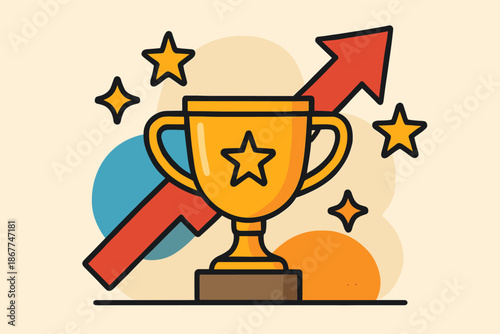 Golden trophy with stars and upward arrow symbolizing success and achievement