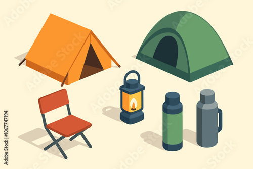 Camping gear icons: tents lantern chair thermos for outdoor adventures