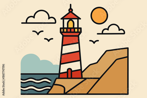 Colorful lighthouse at sunset by the sea with birds and clouds in minimalist design
