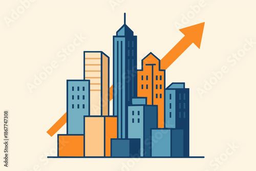 Modern cityscape with skyscrapers and upward orange arrow indicating growth