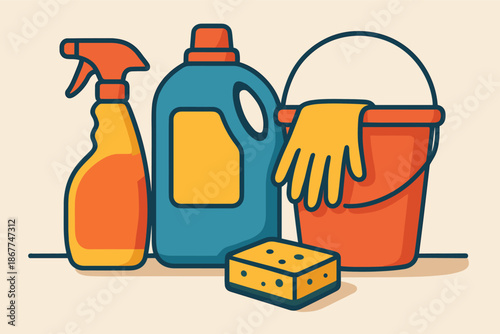 Household cleaning supplies: spray bottle, detergent, bucket, sponge, gloves