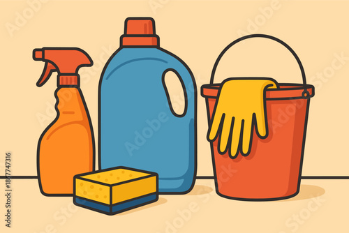 Cleaning supplies illustration with spray bottle, detergent, sponge, and bucket
