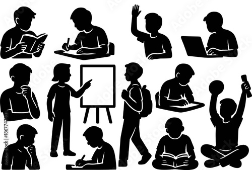 Silhouette of diverse children engaged in learning and recreational activities
