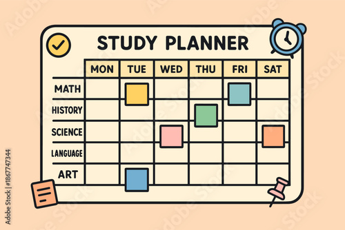 Weekly study planner schedule with subjects and time blocks