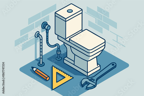 Isometric illustration of toilet installation and plumbing tools in a bathroom