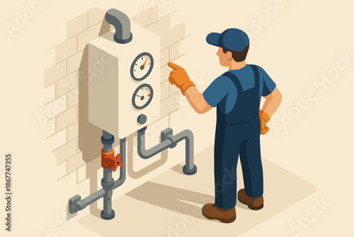 Male technician adjusting industrial boiler controls in uniform