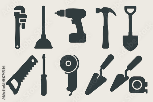 Silhouette collection of essential hand and power tools